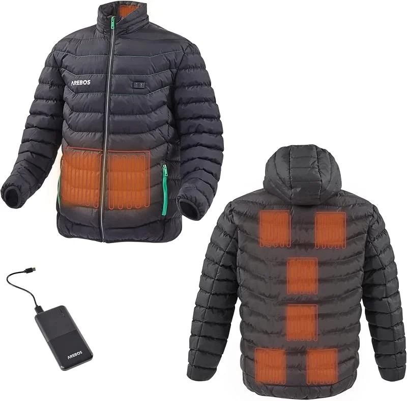 Arebos Akku Thermojacke Beheizbare Jacke mit Kapuze Damen Herren, 9 Heizzonen & 3 Heizstufen, inkl. Powerbank 10000 mAh TÜV geprüft, maschinenwaschbar — Heizkleidung