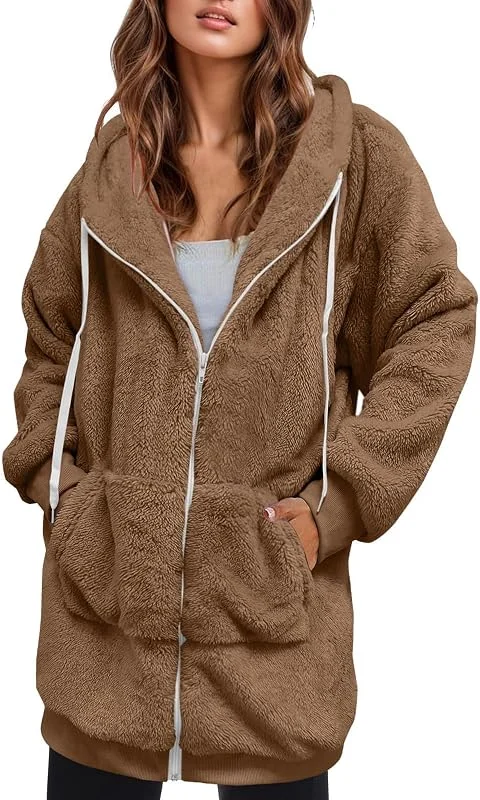Ansenesna Teddyjacke Damen Lang Mit Kapuze Flauschig Winterjacke Warm Gefüttert Fleecejacke Teddyfleece Plüsch Wintermantel Frauen Teddyfell Dicke Jacke Winter Mantel Teddy Fleece Damen-Jacken — Heizkleidung