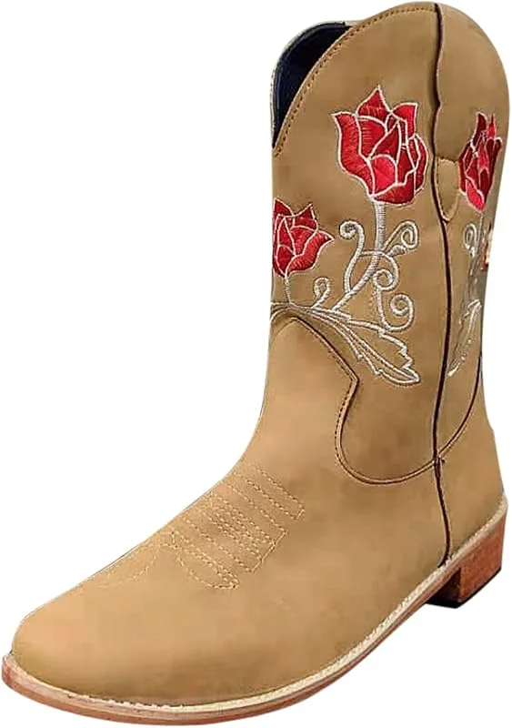 Damen-Stiefel, Ethno-Stil, bestickt, Absatz, Rosa, Stiefel für Damen, sexy Stiefel — Heizkleidung