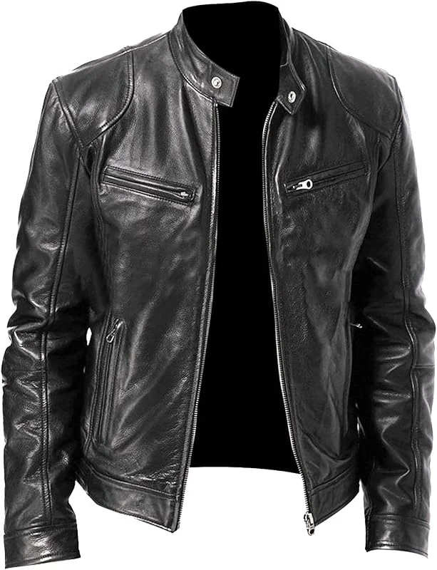 Generisch Lederjacke Herren Stehkragen Mit Reissverschluss Und Taschen Bikerjacke Männer Motorradjacke Slim Fit Kunstlederjacke Vintage Freizeit Lederblouson Übergangsjacke Pu Biker Leder Jacke — Heizkleidung