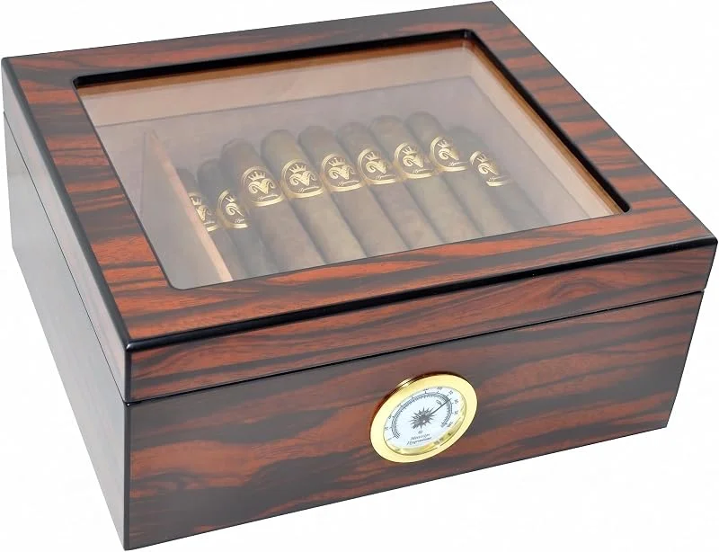 Zigarren Humidore für 25–50 Zigarren, Display aus gehärtetem Glas, handgefertigte Aufbewahrungsbox aus spanischem Zedernholz mit Trennwand, Luftbefeuchter und Hygrometer, Makassarbraun