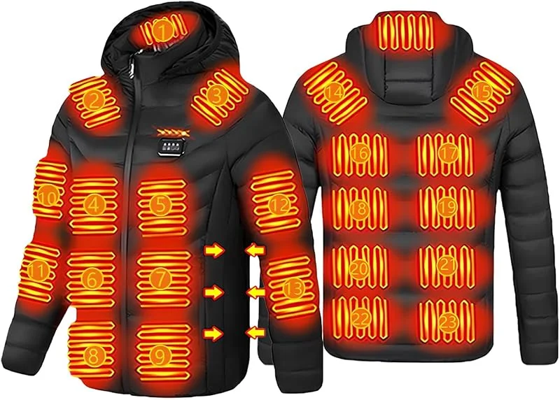 TeamSky Beheizte Jacke für Herren, USB Beheizter Mantel, Winddichte Beheizte Fleecejacke mit 21 Heizzone, 5 Heizstufen, Abnehmbare Kapuze, Maschinenwaschbar für Outdoor, Ski (Power Bank Nicht Enthalten) — Heizkleidung