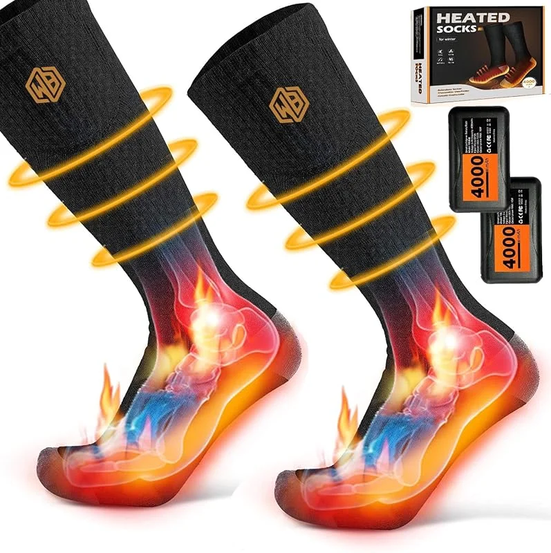 Wiederaufladbare elektrisch beheizte Socken, Winterheizsocken, 4000 mAh, batteriebetriebene Kaltwetter-Wärmesocken für Sport, Outdoor, Jagd, Skifahren, Reiten, Angeln — Heizkleidung