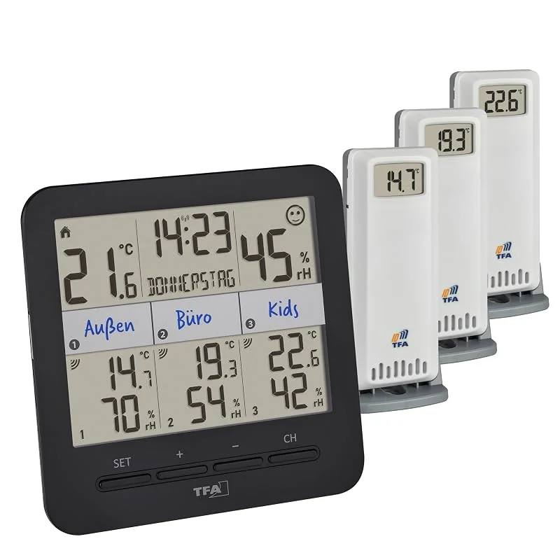 TFA Dostmann Thermo-Hygrometer mit 3 Sendern Klima@Home2, 30.3075.01, Temperatur, Luftfeuchtigkeit in Wohn- & Arbeitsbereichen, inkl Angabe des Taupunktes zur Schimmelvermeidung, Komfortzone, schwarz — Luftbefeuchter