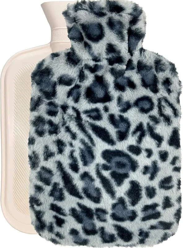 Wärmbeutel, Wärmflasche, 2 Liter, zum Aufwärmen und Wiedereinfrieren, mit Plüschbezug mit Leopardenmuster, zur Schmerzlinderung, Heißkältetherapie (Elegantes Blau) — Heizung Warmepumpe