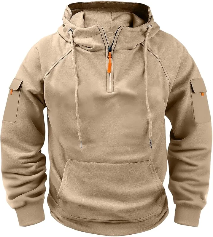 Generisch Herren Taktischer Halbzip Kapuzenpullover Outdoor Hoodie Ärmeltaschen Kängurutasche Reißverschluss Sport Sweatshirt Kapuze. — Heizkleidung