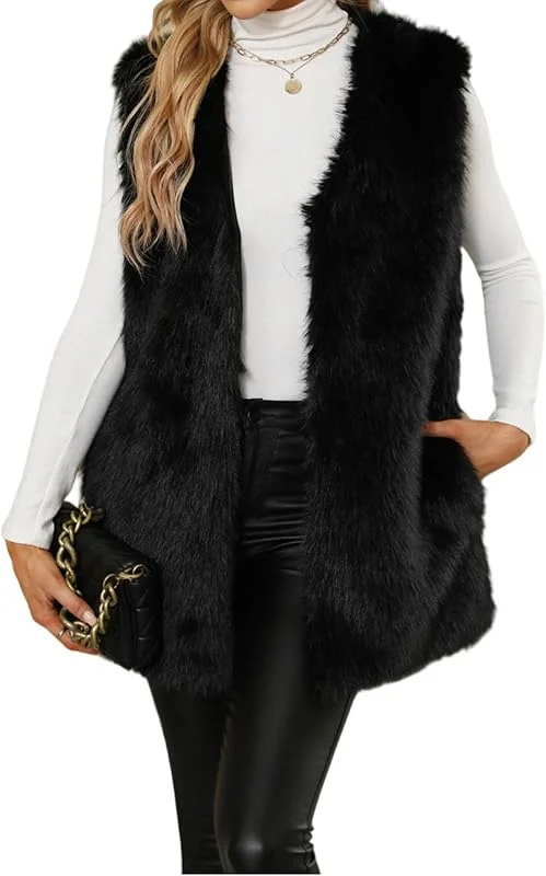 Ansenesna Weste Damen Fell Flauschig Fellweste Braun Kunstfell Jacke Ärmellos Felljacke Frauen Elegant Pelz Mantel Ohne Kapuze Plüsch Damen-Westen Kunstpelz Wintermantel Ohne Ärmel Fellmantel — Heizkleidung