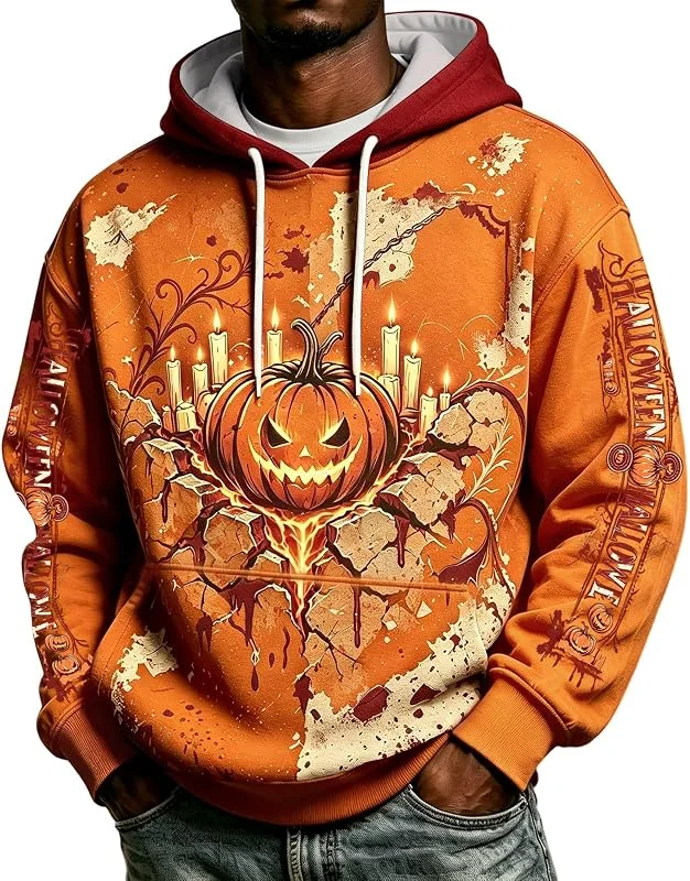 Generisch Herren Halloween Kürbis Kerze 3D Print Kapuzenpullover Hoodie Kängurutasche Kordelzug Gruselig Party Sweatshirt Kapuze. — Heizkleidung