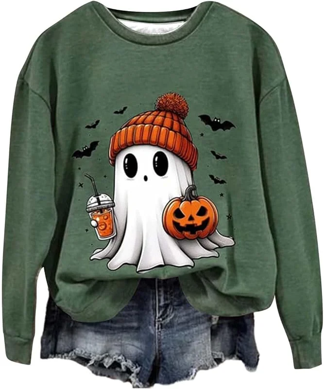 Halloween Kostüm Damen Langarm Rundhals Pulli Ohne Kapuze Halloween Druck Karneval Festival Pullover Sweatshirt Kürbisse und Geister Drucken Horror Festlich Langarmshirt Longshirt Locker Oberteil — Heizkleidung