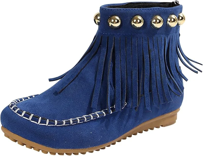 Damen-Stiefel, runde Spitze, flache Sohle, Mokassins, Retro, kurze Stiefel, Outdoor, rutschfest, leicht, Stiefel aus Kunstleder, bequem, Herbst und Winter — Heizkleidung