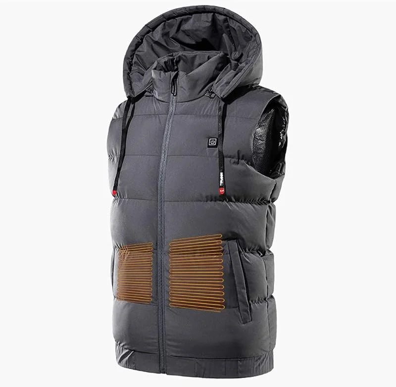 Thermoweste, USB Elektrische 9 Zonen Heizwesten Wärmer Pad Wandern Warme Outdoor Tuch Beheizte Camping Kapuzenweste Thermische wasserdichte Jacke, Blau, L(Grey, L) — Heizkleidung