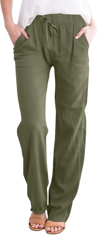 Hose Damen Sommer Casual Baumwolle Leinen Stoffhose Stretch Leicht Leinenhose Einfarbig Loose Freizeithose Bequeme Sporthose Luftige Sommerhosen Streetwear für Mädchen — Heizkleidung