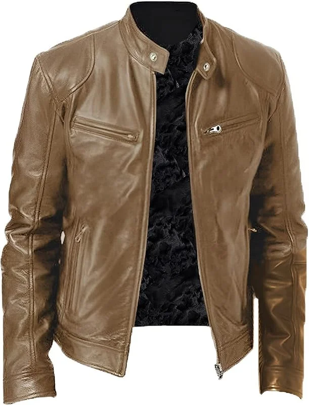 Lederjacken Herren Stehkragen, Bomberjacke Herren Leder, Vintage Warm Freizeitjacke mit Reißverschlusstasche Motorrad Jacke Klassischem Bikerjacke Leichte Bomberjacke Slim Fit Funktionsjacke Jacken — Heizkleidung