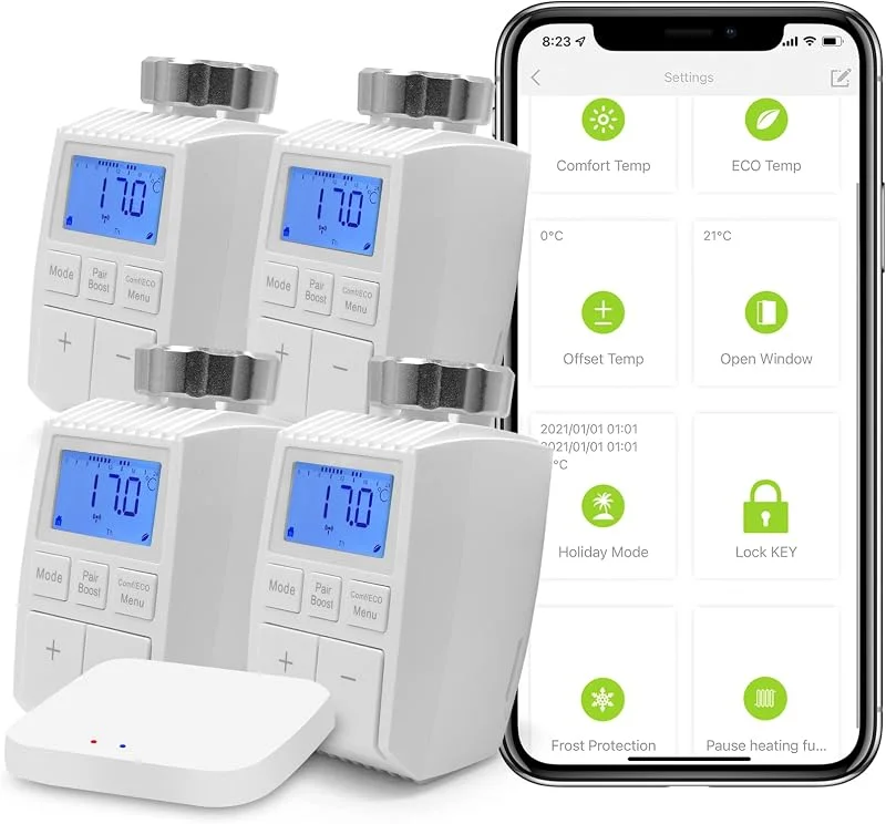 BSEED Smart Home 4er Pack Wifi Thermostat Heizung mit Zigbee Hub Heizkörperthermostat ECO Heizkosten sparen Heizkörperthermostatventil Alexa Google Home Tuya kompatibel LCD-Display ohne Batterien — Heizung Warmepumpe