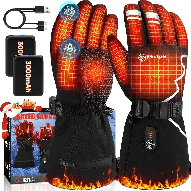 Beheizbare Handschuhe für Herren Damen, Multper Elektrische Beheizte Handschuhe Wärmefunktion mit USB Aufladbare Akku 3000mAhx2, 3-Stufigem, wasserdichte Touchscreen für Wandern, Radfahren — Heizkleidung