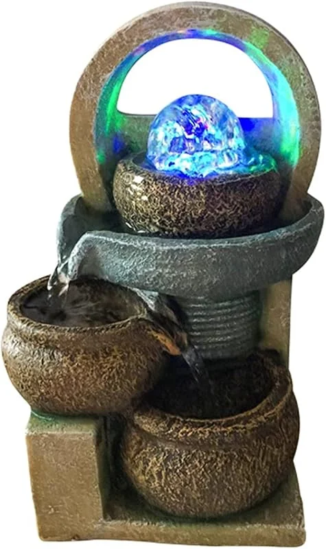 Zimmerbrunnen Harz Tischplatte Brunnen Zen Meditation Brunnen 3 Tiered Wasserfall Wasserbrunnen für Home Office Decor - Feng Shui Rad Bonsai Luftbefeuchter Dekorative Brunnen