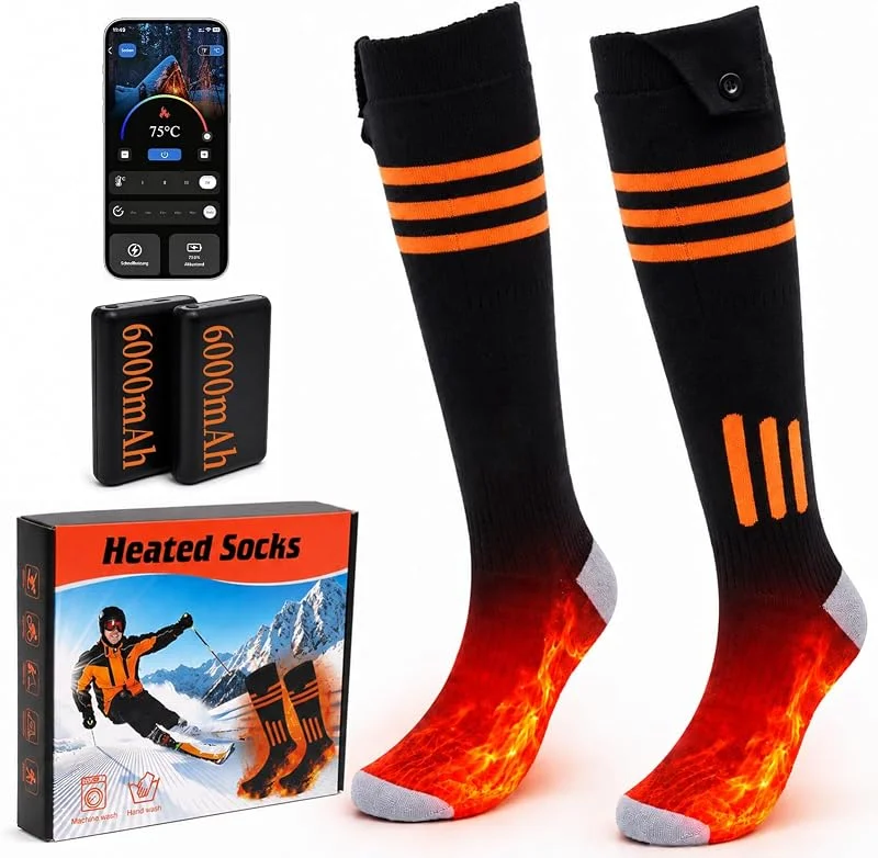 Beheizbare Socken mit 6000 mAh Akku & App, 9, 5 Std. Heizdauer, 45–75 °C Stufenlos Einstellbar, Schnellheizmodus, Wiederaufladbare Heizsocken Beheizte Socken für Herren, Damen, für Ski, Wandern & Jagd — Heizkleidung