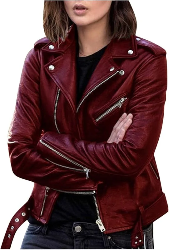 Kunstlederjacke Damen Reißverschluss PU Motorradjacke Slim Fit Kurze Motorradjacke Langärmliger Revers Reißverschluss Bikermantel mit Taschen — Heizkleidung