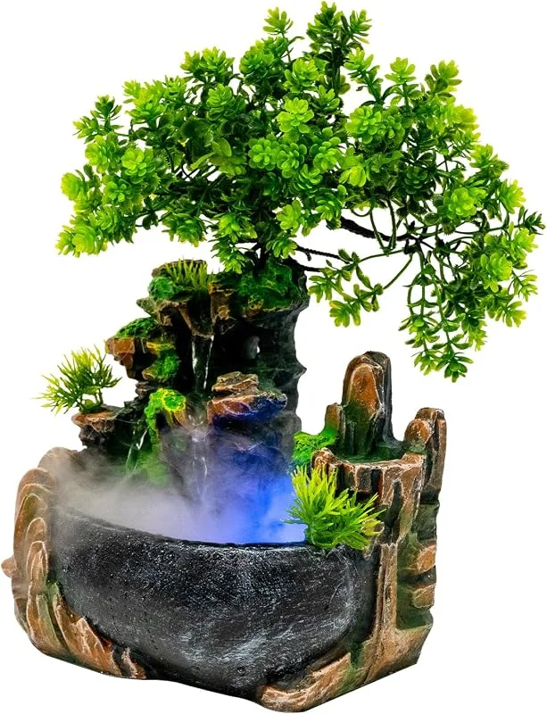 Harz Tischbrunnen Wasserfall mit Nebel Zimmerbrunnen mit LED Beleuchtung Tisch Springbrunnen Zerstäubung Grüne Pflanze Brunnen Luftbefeuchter Springbrunnen für Heimdekoration, Foyer, Büro, Küchentisch