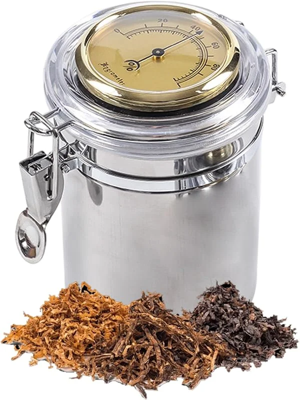 Aufbewahrungsglas für Pfeifentabak, Zigarren-Humidor aus Edelstahl mit Hygrometer und Luftbefeuchter, tragbare luftdichte Tabakdose mit Schloss, Dose, Zigarren-Humidor