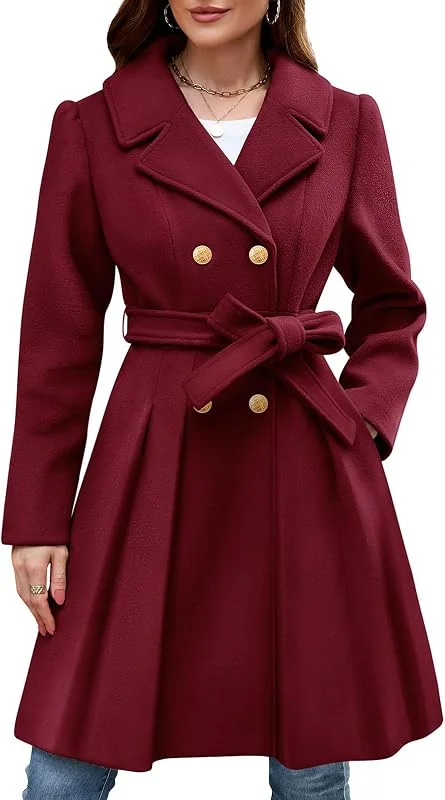 Generisch Trenchcoat Damen Lang Winterjacke Warm Elegant Wollmantel Dicke Oversize Damen-Jacken Umlegekragen Wintermantel Mit Knöpfen Übergangsjacke Frauen A-Linie Mantel Mit Gürtel Wolljacke — Heizkleidung
