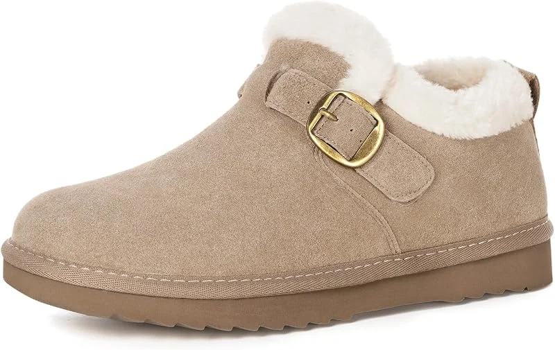 Damen-Schneestiefel, echtes Wildleder, Mini-Stiefel, Kunstfellfutter, Winterstiefel, wasserabweisend, warm, kurze Stiefel, Outdoor, rutschfeste Memory-Schaum-Einlegesohle mit verstellbarer Schnalle — Heizkleidung