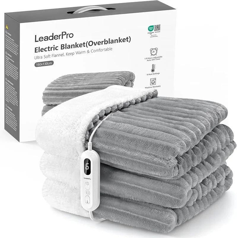 LeaderPro Heizdecke mit Abschaltautomatik 160x130cm – 460GSM Flanell & Fleece, 9 Heizstufenund 1-9 Stunden Timer, Überhitzungsschutz, Oeko-TEX Zertifiziert, Maschinenwaschbar, Wintergeschenk, Grau — Heizung Warmepumpe