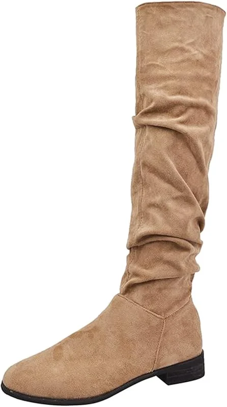 Modische Damen-Stiefel, gerafft, Vintage, quadratisch, Kniestiefel, Absatzstiefel — Heizkleidung