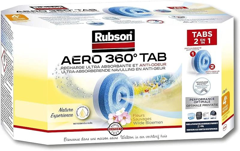 Rubson AERO 360 Tabs Nachfüllpack mit Frischequelle, Luftentfeuchter Nachfüllpackung, ultra saugfähig und geruchsabweisend, Nachfüllpackung für Luftentfeuchter 4x450g — Luftbefeuchter