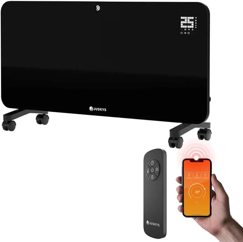 Juskys Glasheizung 2000W Glaskonvektor, Elektroheizung, App-Steuerung, LED-Display, Timer, Wand- & Standgerät mit Fernbedienung — Heizung Warmepumpe