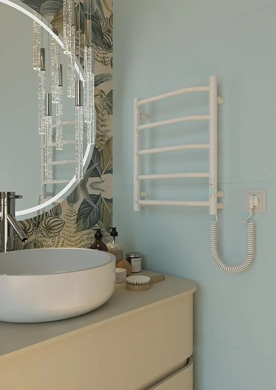 Elna Handtuchheizkörper Weiß – 45W – 500 x 420 mm – Elektrisch Kompakt – Für Badezimmer & Gäste-WC – Mit Thermostat, Timer & Eco – IP44 – Wandmontage – Edelstahl — Heizung Warmepumpe