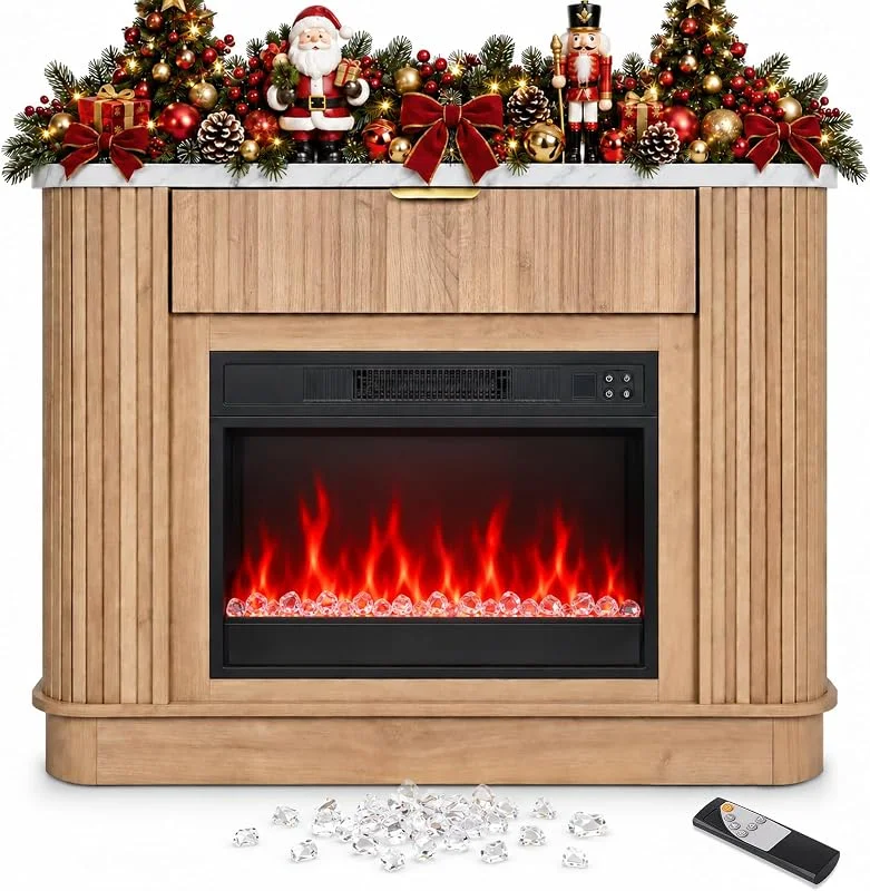 NorthSky Elektrokamin mit Heizung 1800W, Standkamin mit Kaminsims & Marmorplatte, 3D LED Flammeneffekt mit 7 Farben & 10 Modi, Thermostat, Fernbedienung, Timer & Schublade, für Wohnzimmer — Heizung Warmepumpe