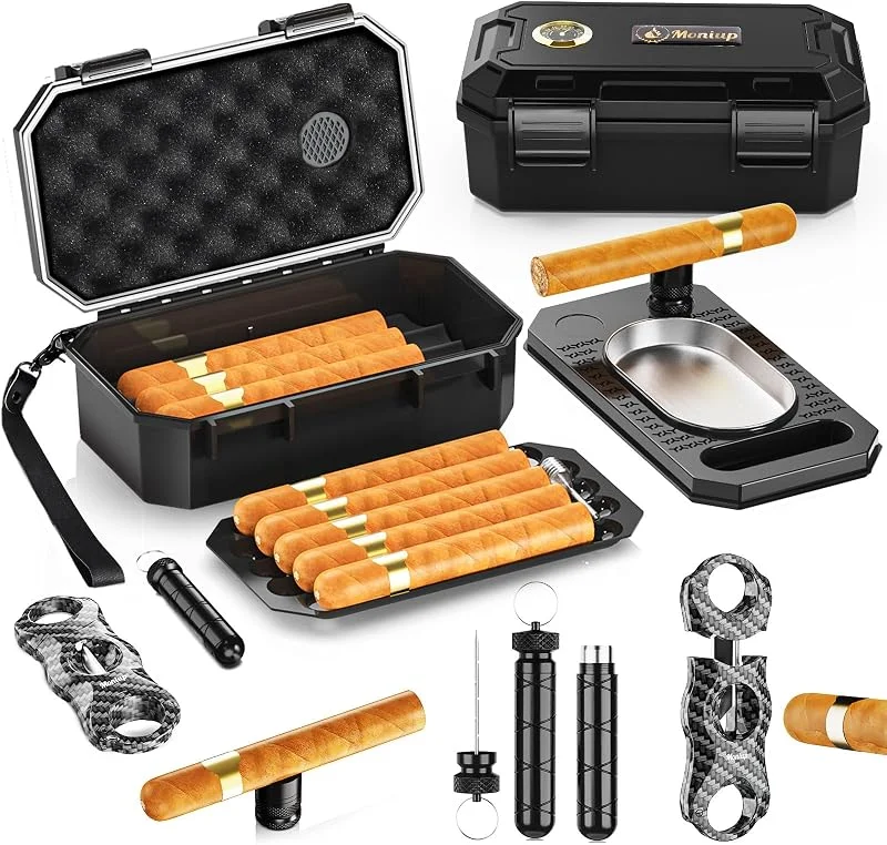 Reise-Humidor-Box-Set mit Zigarrenzubehör – Cutter, Aschenbecher, Verstärker, 2 Halter, Luftbefeuchter & Hygrometer, tragbare Hülle für Männer Geschenk