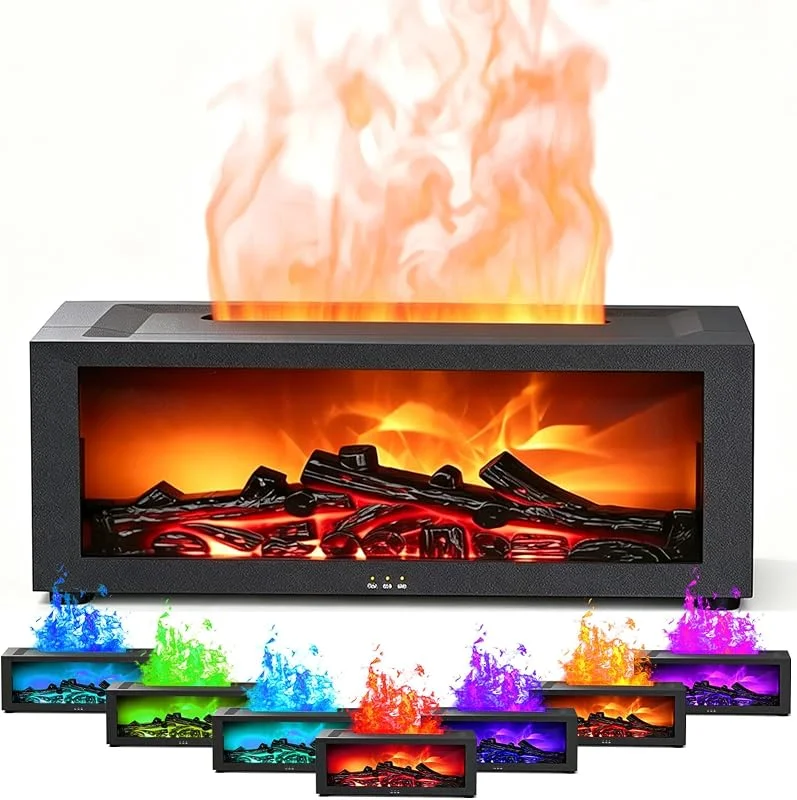 Aroma Diffuser mit LED Kamin, 7-Farben-Licht Flammen Diffuser ätherische öle, Luftbefeuchter Humidifier DuftöL Diffuser für Raumduft - 4 Timer und Wasserlose Abschaltautomatik