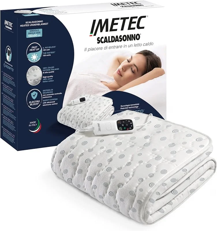 Imetec Adapto, Einzelwärmeunterbett, 150x80 cm, niedriger Verbrauch, patentierte Technologie, schnelle Erwärmung, individuelle Temperatur, 100 % Baumwolle, Made in Italy, 6-Temp.-Steuerung — Heizung Warmepumpe