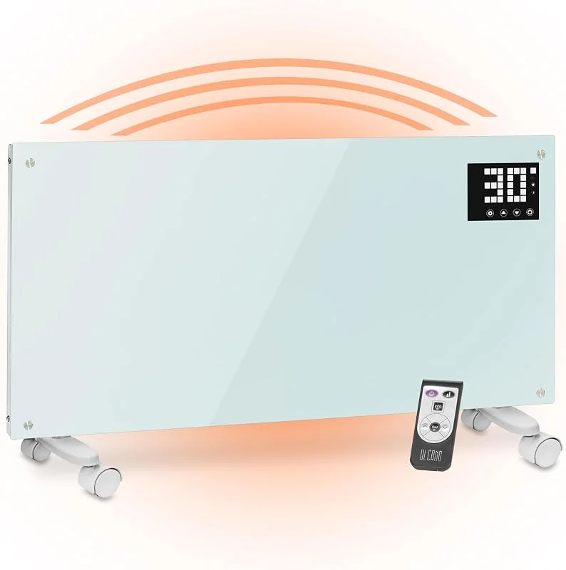 Elektrischer Badheizkörper, geringer Stromverbrauch 2000 W (Eco-Modus 1000 W), Konvektor mit Rollen + Wandmontage, gehärtetes Glas, Display + Timer + Fernbedienung, mit Thermostat, Weiß — Heizung Warmepumpe