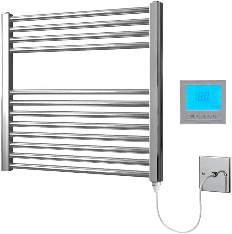 Elektrischer Handtuchhalter, 600 x 600 cm, flach, Chrom, mit 7-Tage-Programmierer, Raumthermostat — Heizung Warmepumpe