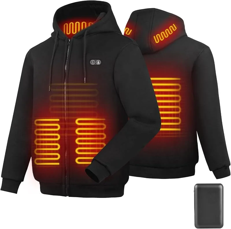 Beheizbare Jacke Hoodie Kapuzenpullover mit 16000mAh Akku, 6 Heizzonen, 3 Heizstufen für Herren & Damen - Outoor Beheizte Kapuzenjacke Sweatshirt Winter Heizjacke mit Doppelschalter — Heizkleidung