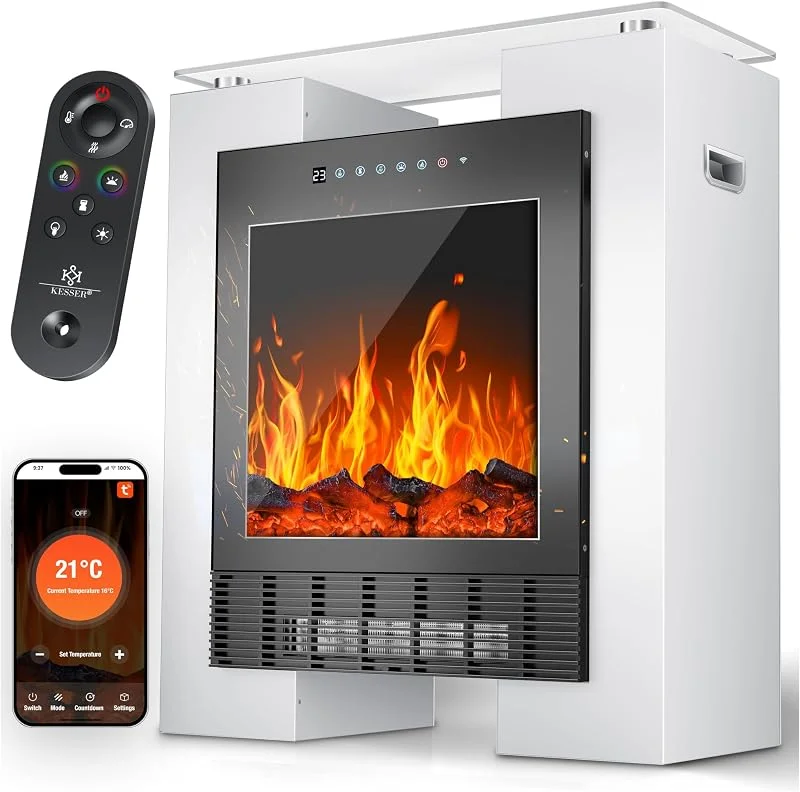 KESSER® LED Kamin mit Heizung elektrisch, Heizlüfter Elektrokamin mit Thermostat, Standkamin mit realistischem Feuer -, Flammeneffekt per App + Fernbedienung & WLAN – mit Timer, 15-35°C, Weiß — Heizung Warmepumpe