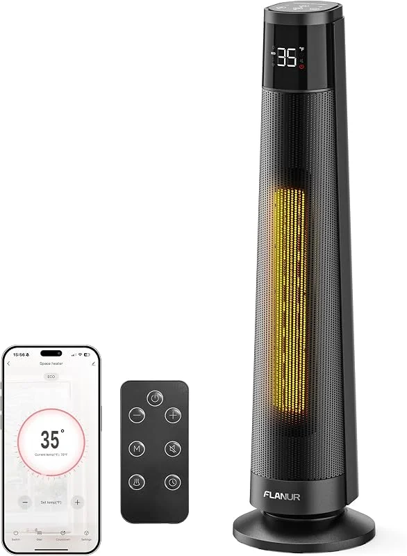 FLANUR Energiesparender PTC-Keramik-Heizlüfter, ECO Modus, 74 cm, Schwarz — Heizung Warmepumpe