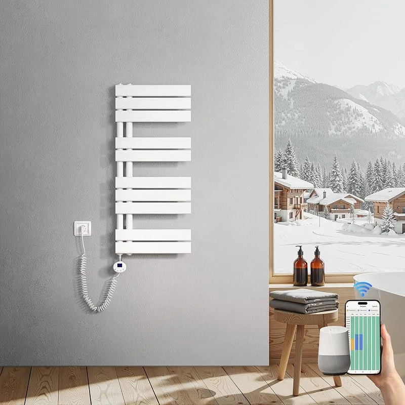 Heilmetz Badheizkörper Elektrisch 899 x 400mm Weiß mit WIFI Smart Heizstab 400W, Flach Handtuchwärmer Elektrischer Handtuchheizkörper mit Smartes Heizelement für Handtuchtrockner APP-Steuerung — Heizung Warmepumpe