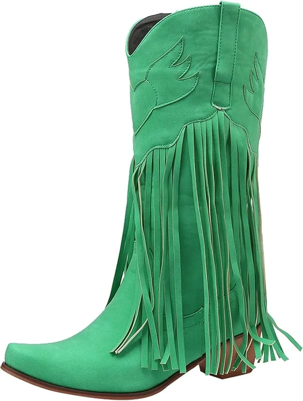 Damen Stiefel Mode Wohnungen Quaste Spitze Zehe Schuhe mit niedrigen Absätzen Western Knight Stiefel — Heizkleidung