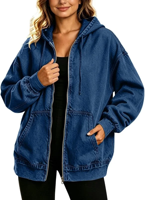 Jeansjacke Damen Oversize Mit Kapuze Übergangsjacke Damen Elegant Jeans — Heizkleidung