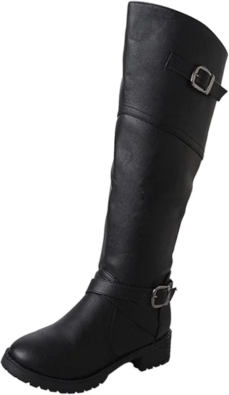 Stiefel Damen Leder High Heel Mittlerer Absatz Retro Schnalle Reiter Stiefel Lange Stiefel Schuhe — Heizkleidung