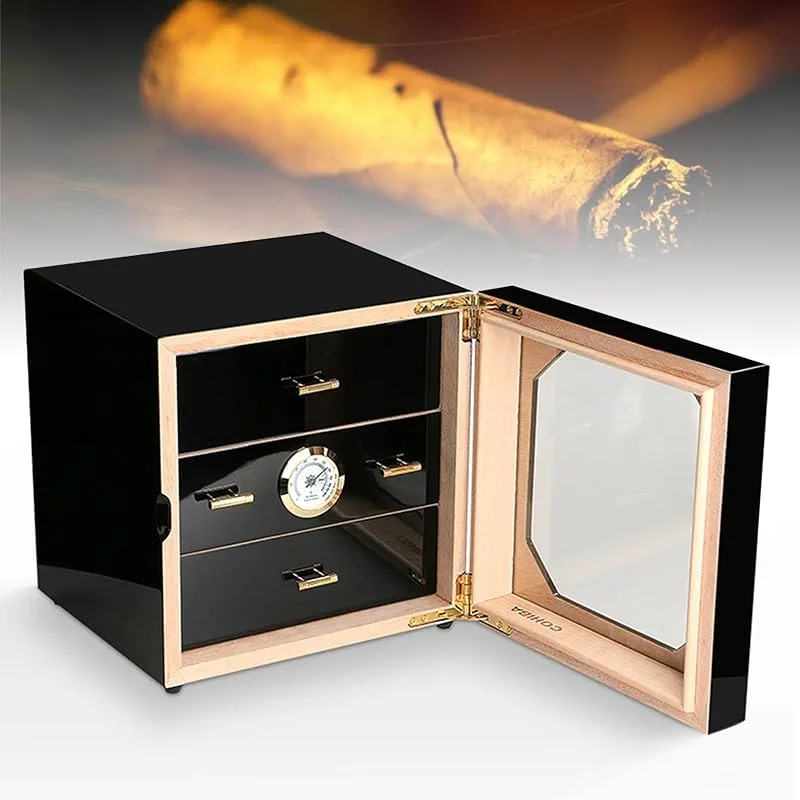 Zigarrenschrank Aus Zedernholz Mit 3 Schubladen, Integriertem Thermohygrometer Und Luftbefeuchter, Humidor Mit Holzmaserung, Humidor Mit Großer Kapazität, Für Den Vater, 24 X 24 X 22 Cm (schwarz) — Küche & Haushalt