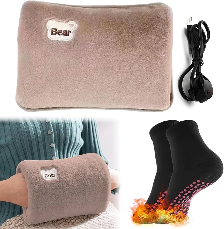 Elektrische Wärmflasche, Selbsterwärmende Socken, Elektrische Wärmflasche mit weichem Plüschfutter, Wiederaufladbar Tragbar, Effektiv zur Linderung von Muskelschmerzen und Wärmekissen(Braun) — Heizung Warmepumpe