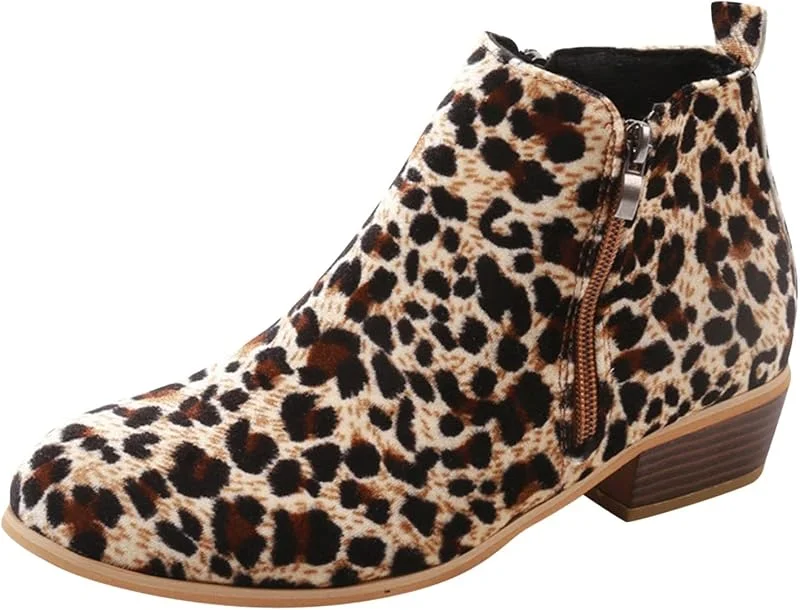 Damenstiefel, modisch, Herbst, Damen, kurze Stiefel, dicker Absatz, niedriger Absatz, seitlicher Reißverschluss, Leopardenmuster, bequem — Heizkleidung
