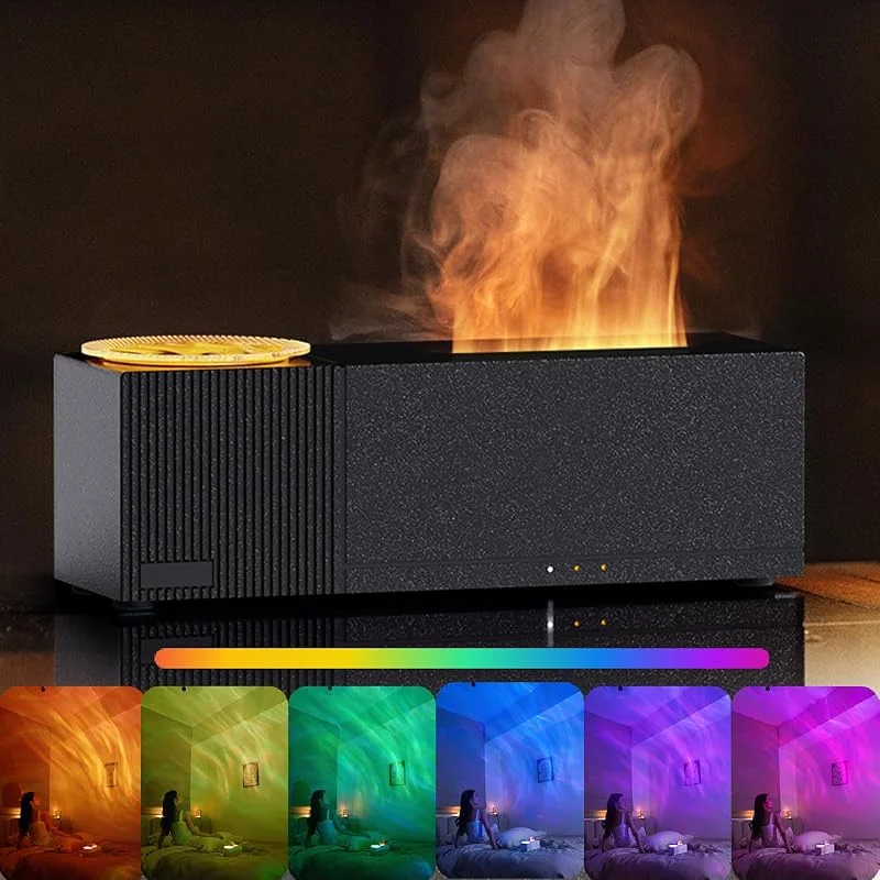 Flamme Aroma Diffuser mit Sternenhimmel-Projektion, Duftöl Diffusor für Ätherische Öle, 150ml Luftbefeuchter mit Fernbedienung, Timer, Wasserlose Abschaltautomatik für Zuhause Büro Schlafzimmer (Black)