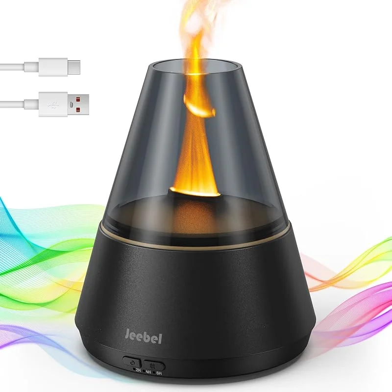 Jeebel Aroma Diffuser für Ätherische Öle - 300ml Moderner Diffusor mit Farbigen LED Flamme Variation, USB-C, Timer - Mini Kühler Nebel Aroma Luftbefeuchter für Aromatherapie im Schlafzimmer Büro