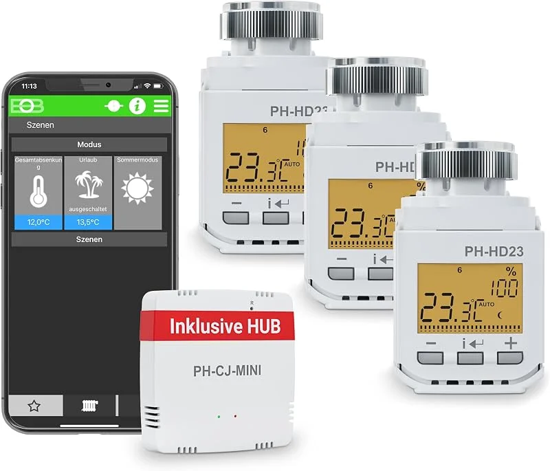 ELEKTROBOCK PH-Starter Pack 2 - Heizungssteuerung per App - 3 Heizkörperthermostate mit Gateway und Display - Smart Home - Boost-Funktion - Einfache Installation, Weiß — Heizung Warmepumpe